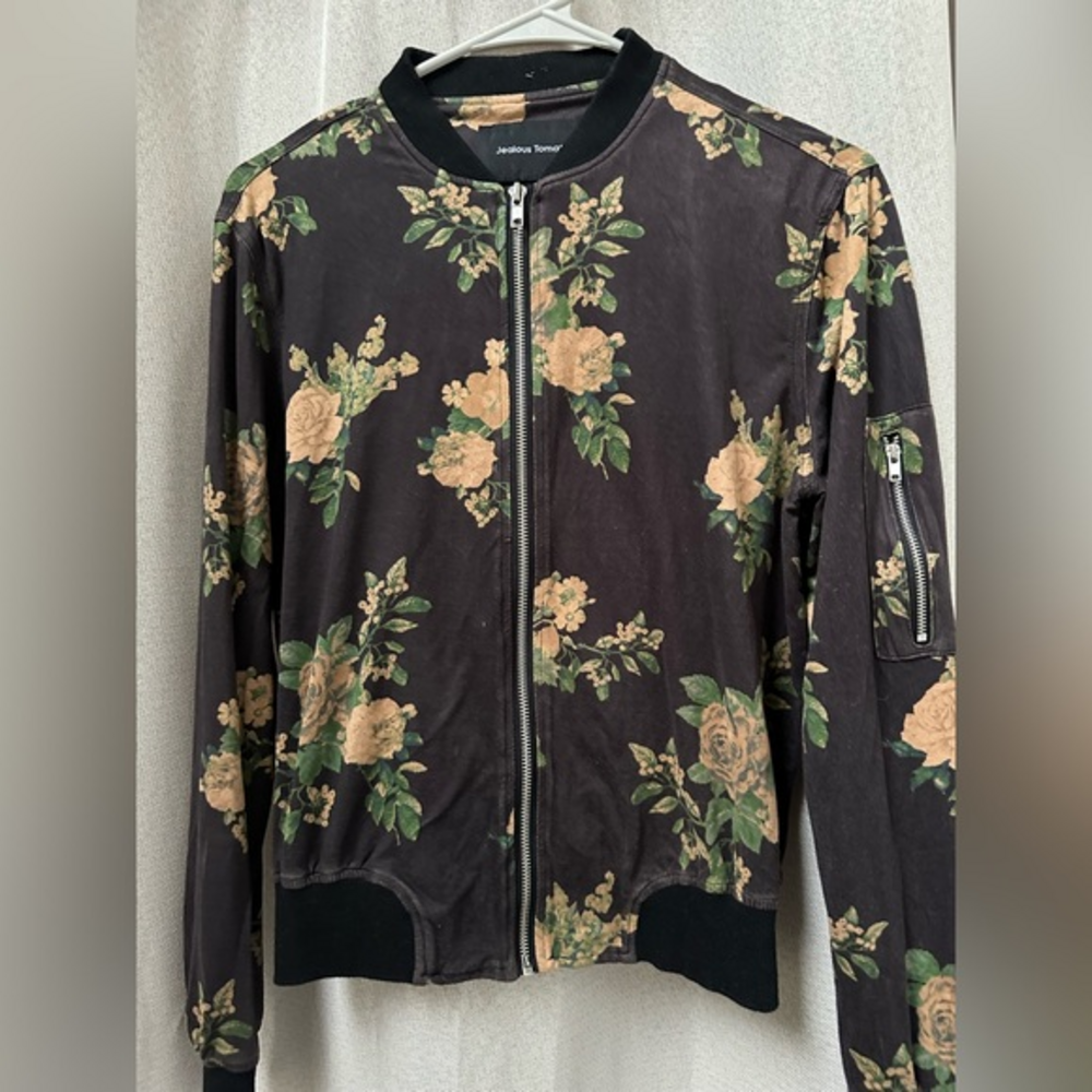 Jealous Tomato Floral Bomber Jacket Black Faux Suede Full Zip Utility Pocket S